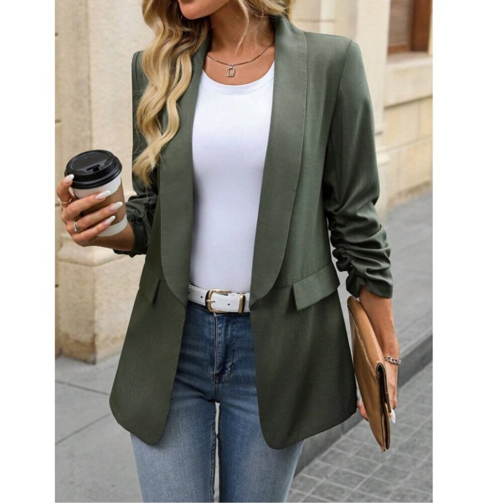 fold over shawl collar blazer jacket suit dark green minimalist business